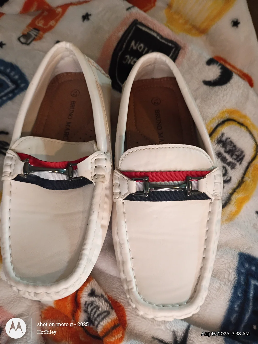 White Kids Moccasin Loafers with Red & Navy Trim